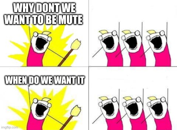 What Do We Want Meme | WHY DONT WE WANT TO BE MUTE; WHEN DO WE WANT IT | image tagged in memes,what do we want | made w/ Imgflip meme maker