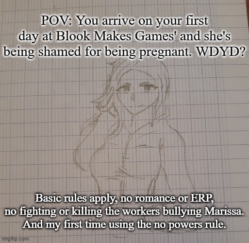 Marissa | POV: You arrive on your first day at Blook Makes Games' and she's being shamed for being pregnant. WDYD? Basic rules apply, no romance or ERP, no fighting or killing the workers bullying Marissa.
And my first time using the no powers rule. | image tagged in marissa | made w/ Imgflip meme maker