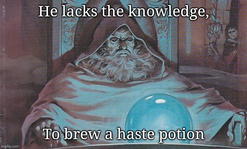 Pondering my Orb | He lacks the knowledge, To brew a haste potion | image tagged in pondering my orb | made w/ Imgflip meme maker
