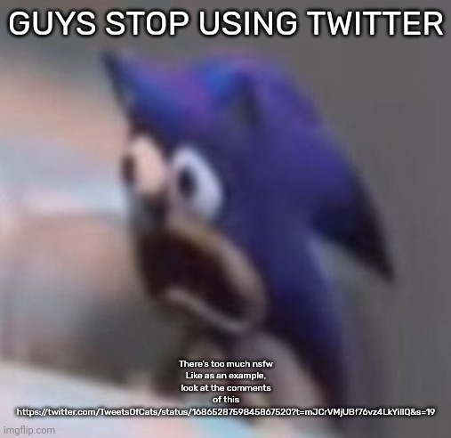 Traumatised Sonic | There's too much nsfw
Like as an example, look at the comments of this
https://twitter.com/TweetsOfCats/status/1686528759845867520?t=mJCrVMjUBf76vz4LkYiIlQ&s=19; GUYS STOP USING TWITTER | image tagged in traumatised sonic | made w/ Imgflip meme maker