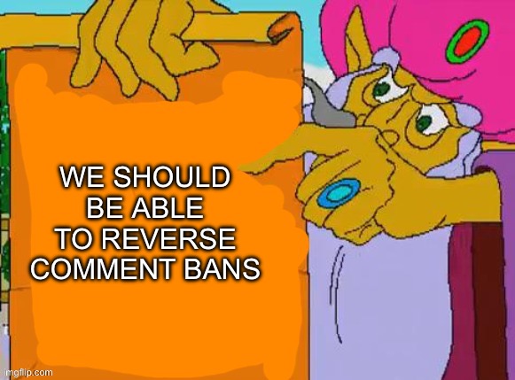 Seriously! Now I Can’t Comment In Any Streams!!! | WE SHOULD BE ABLE TO REVERSE COMMENT BANS | image tagged in it is written,front page plz | made w/ Imgflip meme maker