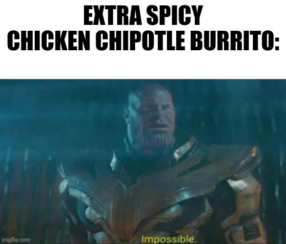 Spicy chipotle burrito is impossible | EXTRA SPICY CHICKEN CHIPOTLE BURRITO: | image tagged in thanos impossible | made w/ Imgflip meme maker