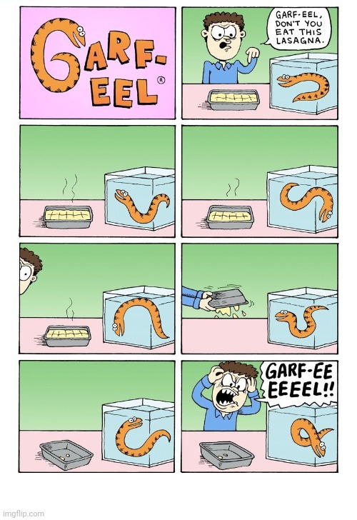 Garf-eel | image tagged in garfield,eel,lasagna,pasta,comics,comics/cartoons | made w/ Imgflip meme maker