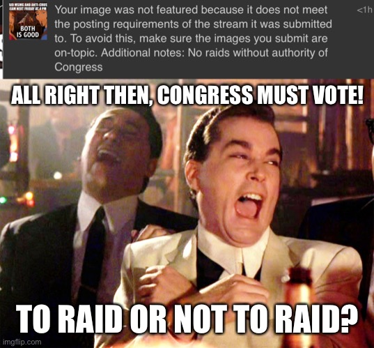 I thought Congress was disbanded, but whatever | ALL RIGHT THEN, CONGRESS MUST VOTE! TO RAID OR NOT TO RAID? | image tagged in memes,good fellas hilarious | made w/ Imgflip meme maker