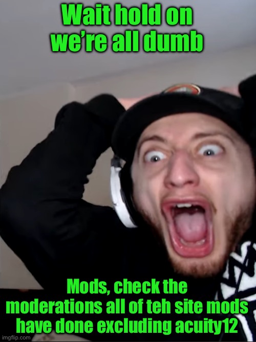 Well, fife or six pages of it | Wait hold on we’re all dumb; Mods, check the moderations all of teh site mods have done excluding acuity12 | image tagged in horroor | made w/ Imgflip meme maker
