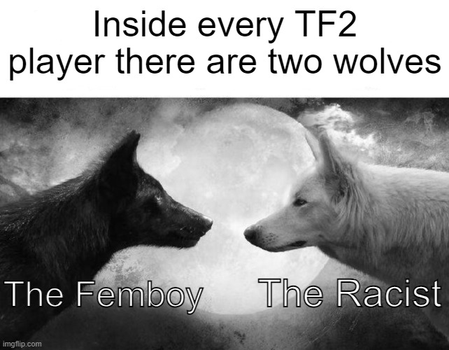 inside of you there are two wolves | Inside every TF2 player there are two wolves; The Racist; The Femboy | image tagged in inside of you there are two wolves | made w/ Imgflip meme maker