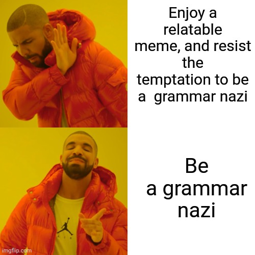 Drake Hotline Bling Meme | Enjoy a relatable meme, and resist the temptation to be a  grammar nazi Be a grammar nazi | image tagged in memes,drake hotline bling | made w/ Imgflip meme maker