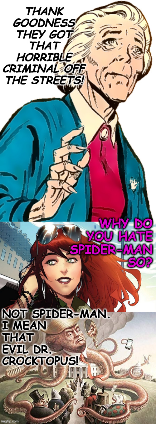 THANK GOODNESS THEY GOT THAT HORRIBLE CRIMINAL OFF THE STREETS! WHY DO
YOU HATE
SPIDER-MAN
SO? NOT SPIDER-MAN.
I MEAN
THAT
EVIL DR.
CROCKTOP | made w/ Imgflip meme maker