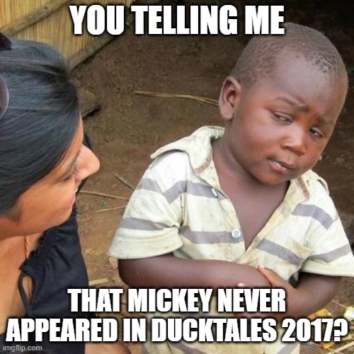 Third World Skeptical Kid | YOU TELLING ME; THAT MICKEY NEVER APPEARED IN DUCKTALES 2017? | image tagged in memes,third world skeptical kid | made w/ Imgflip meme maker
