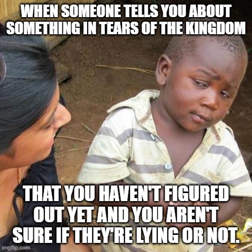 Has happened so often | WHEN SOMEONE TELLS YOU ABOUT SOMETHING IN TEARS OF THE KINGDOM; THAT YOU HAVEN'T FIGURED OUT YET AND YOU AREN'T SURE IF THEY'RE LYING OR NOT. | image tagged in memes,third world skeptical kid,legend of zelda | made w/ Imgflip meme maker
