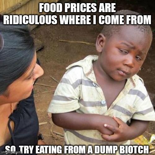 Third World Skeptical Kid Meme | FOOD PRICES ARE RIDICULOUS WHERE I COME FROM; SO, TRY EATING FROM A DUMP BIOTCH | image tagged in memes,third world skeptical kid | made w/ Imgflip meme maker
