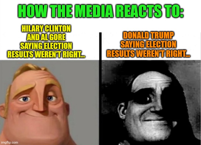 Teacher's Copy | HOW THE MEDIA REACTS TO:; HILARY CLINTON AND AL GORE SAYING ELECTION RESULTS WEREN'T RIGHT... DONALD TRUMP SAYING ELECTION RESULTS WEREN'T RIGHT... | image tagged in teacher's copy | made w/ Imgflip meme maker