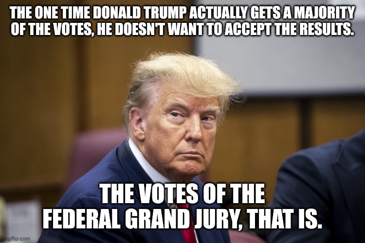 Trump indicted | THE ONE TIME DONALD TRUMP ACTUALLY GETS A MAJORITY OF THE VOTES, HE DOESN'T WANT TO ACCEPT THE RESULTS. THE VOTES OF THE FEDERAL GRAND JURY, THAT IS. | image tagged in trump in court | made w/ Imgflip meme maker