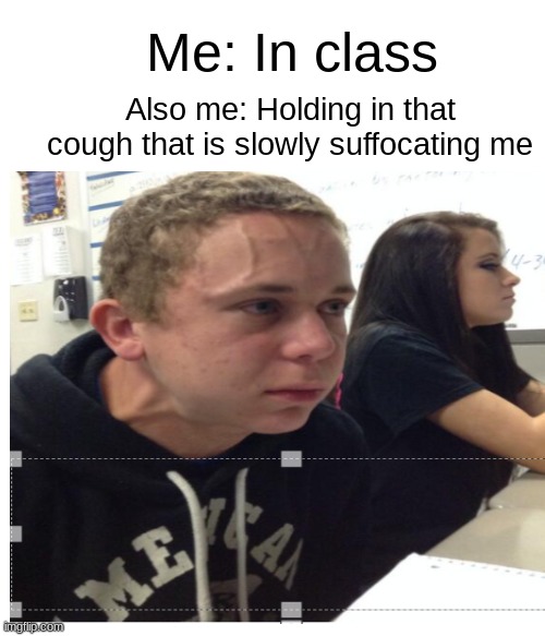 Me: In class; Also me: Holding in that cough that is slowly suffocating me | image tagged in holding cough,straining kid,class,in class | made w/ Imgflip meme maker