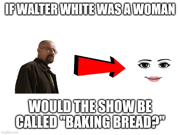 For legal reasons, this is a joke | IF WALTER WHITE WAS A WOMAN; WOULD THE SHOW BE CALLED "BAKING BREAD?" | made w/ Imgflip meme maker