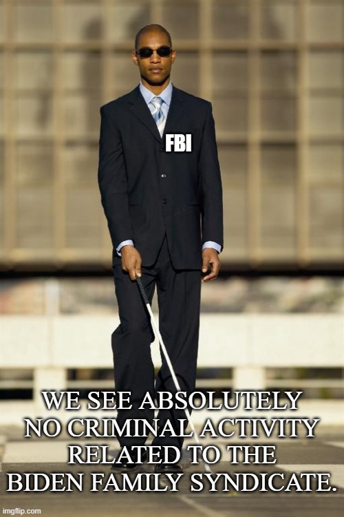 Oh drat! I see the Statute of Limitations has run out anyway. | FBI; WE SEE ABSOLUTELY NO CRIMINAL ACTIVITY RELATED TO THE BIDEN FAMILY SYNDICATE. | image tagged in blindman | made w/ Imgflip meme maker