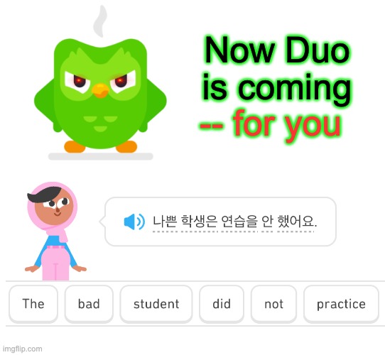 Trouble | Now Duo is coming; -- for you | image tagged in language,duolingo,school,trouble | made w/ Imgflip meme maker