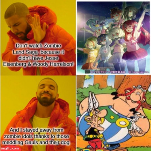 At least Asterix & Obelix claim victory against Franchouchou thanks to an infamous episode 8 about Lily Hoshikawa | image tagged in asterix,zombie | made w/ Imgflip meme maker