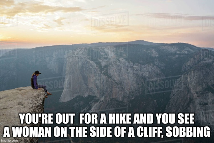 YOU'RE OUT  FOR A HIKE AND YOU SEE A WOMAN ON THE SIDE OF A CLIFF, SOBBING | made w/ Imgflip meme maker