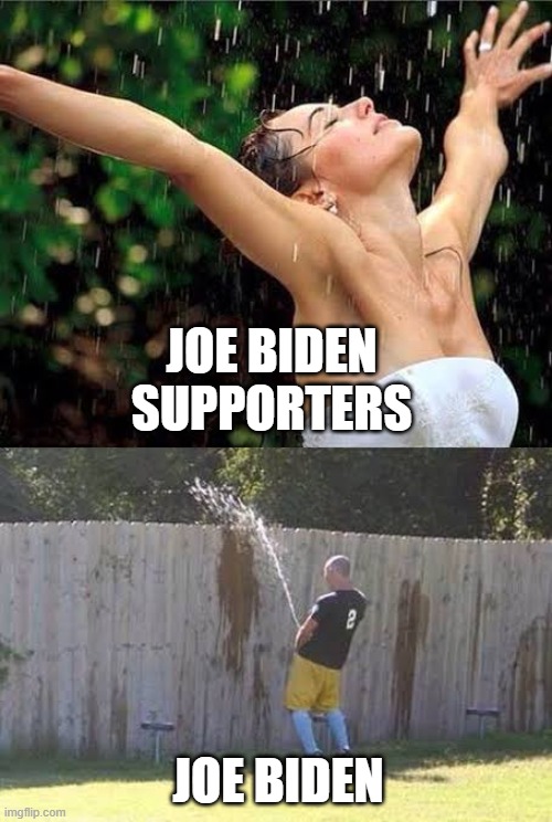Joe Biden pisses on you and then tells you that it's raining. | JOE BIDEN SUPPORTERS; JOE BIDEN | image tagged in peeing over the fence | made w/ Imgflip meme maker