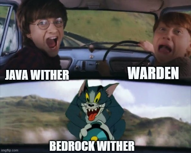 Tom chasing Harry and Ron Weasly | WARDEN; JAVA WITHER; BEDROCK WITHER | image tagged in tom chasing harry and ron weasly | made w/ Imgflip meme maker