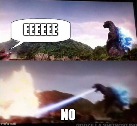 Godzilla Hates X | EEEEEE; NO | image tagged in godzilla hates x | made w/ Imgflip meme maker
