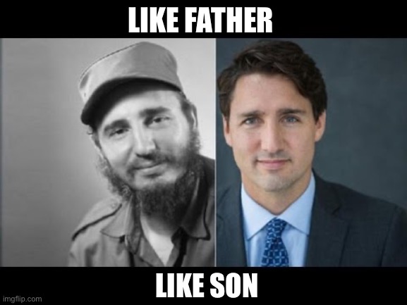 Trudeau/Castro | LIKE FATHER LIKE SON | image tagged in trudeau/castro | made w/ Imgflip meme maker