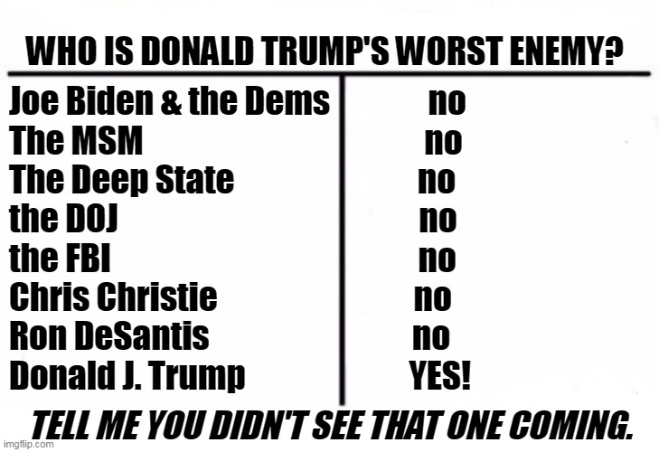 Whatever it is he's going through, it's his own d*mn fault. | WHO IS DONALD TRUMP'S WORST ENEMY? Joe Biden & the Dems               no
The MSM                                           no
The Deep State                            no
the DOJ                                              no
the FBI                                               no
Chris Christie                              no
Ron DeSantis                               no
Donald J. Trump                         YES! TELL ME YOU DIDN'T SEE THAT ONE COMING. | image tagged in trump,enemy,biden,democrats,msm,deep state | made w/ Imgflip meme maker