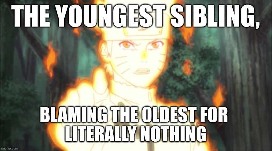 Naruto point | THE YOUNGEST SIBLING, BLAMING THE OLDEST FOR 
LITERALLY NOTHING | image tagged in naruto point | made w/ Imgflip meme maker