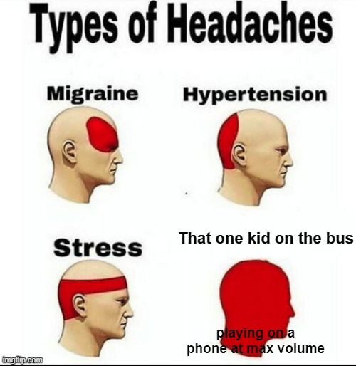 Its so damn annoying | That one kid on the bus; playing on a phone at max volume | image tagged in types of headaches meme | made w/ Imgflip meme maker