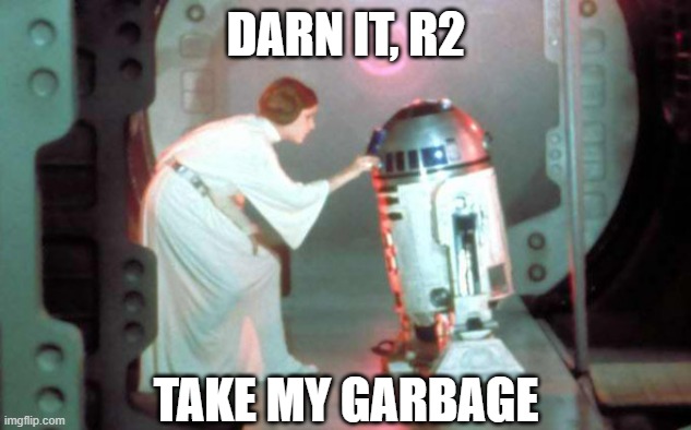 Leia-r2d2 | DARN IT, R2 TAKE MY GARBAGE | image tagged in leia-r2d2 | made w/ Imgflip meme maker