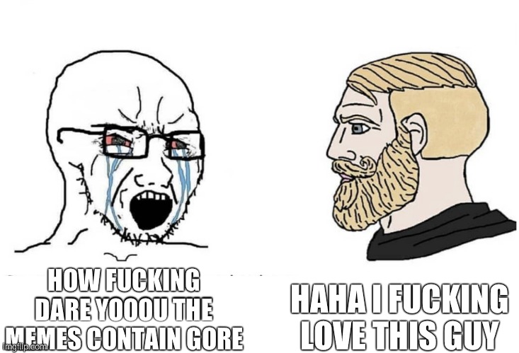 Soyboy Vs Yes Chad | HOW FUCKING DARE YOOOU THE MEMES CONTAIN GORE HAHA I FUCKING LOVE THIS GUY | image tagged in soyboy vs yes chad | made w/ Imgflip meme maker