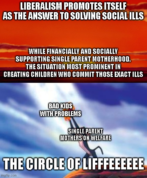 LIBERALISM PROMOTES ITSELF AS THE ANSWER TO SOLVING SOCIAL ILLS; WHILE FINANCIALLY AND SOCIALLY SUPPORTING SINGLE PARENT MOTHERHOOD, THE SITUATION MOST PROMINENT IN CREATING CHILDREN WHO COMMIT THOSE EXACT ILLS; BAD KIDS WITH PROBLEMS; SINGLE PARENT MOTHERS ON WELFARE; THE CIRCLE OF LIFFFEEEEEE | image tagged in lion king circle of life,lion king cub | made w/ Imgflip meme maker