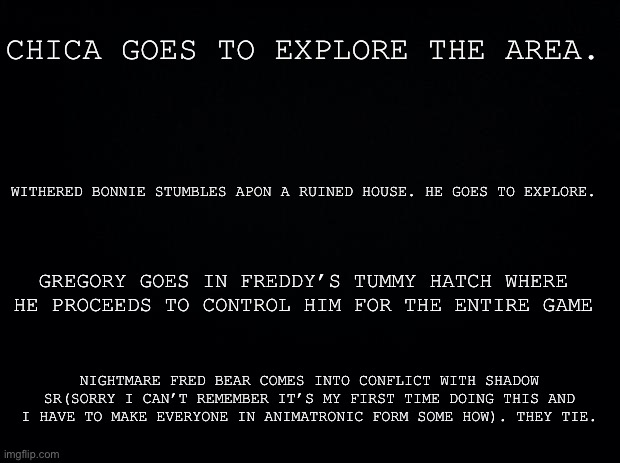 Black background | CHICA GOES TO EXPLORE THE AREA. WITHERED BONNIE STUMBLES APON A RUINED HOUSE. HE GOES TO EXPLORE. GREGORY GOES IN FREDDY’S TUMMY HATCH WHERE | image tagged in black background | made w/ Imgflip meme maker