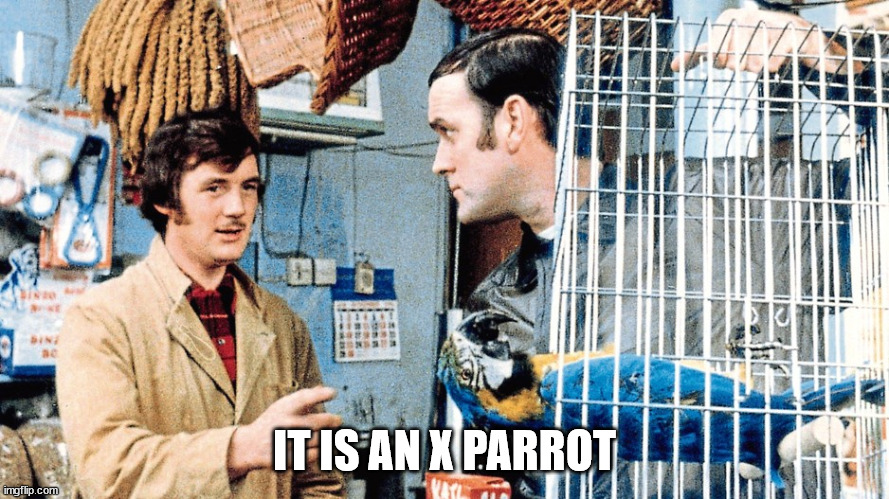 Monty Python Parrot Sketch | IT IS AN X PARROT | image tagged in monty python parrot sketch | made w/ Imgflip meme maker