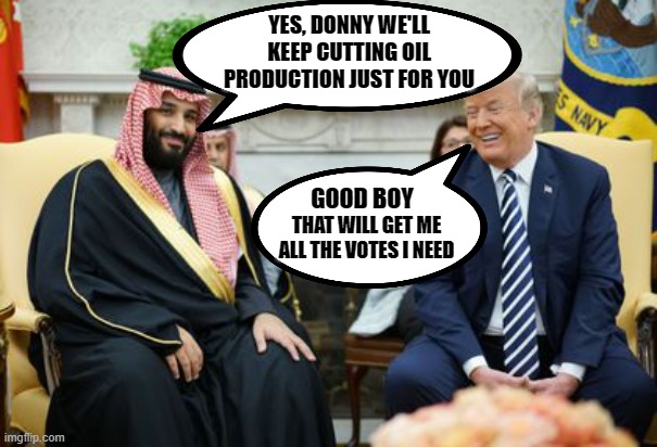 SAUDI'S For MAGA RINO Trump 2024, then we'll blame it all on Biden | YES, DONNY WE'LL KEEP CUTTING OIL PRODUCTION JUST FOR YOU; GOOD BOY; THAT WILL GET ME ALL THE VOTES I NEED | image tagged in saudi meets u s a,collusion,saudi arabia,gas prices,never trump,dump trump | made w/ Imgflip meme maker
