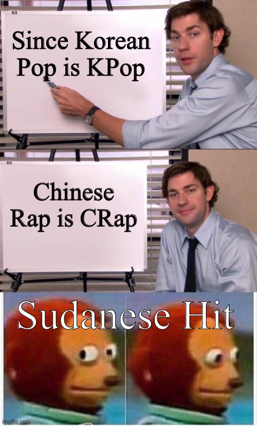 SHit | Since Korean Pop is KPop; Chinese Rap is CRap; Sudanese Hit | image tagged in jim halpert explains,memes,monkey puppet | made w/ Imgflip meme maker