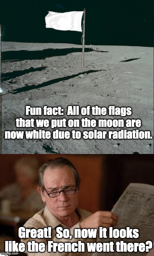 White flag | Fun fact:  All of the flags that we put on the moon are now white due to solar radiation. Great!  So, now it looks like the French went there? | image tagged in no country for old men tommy lee jones | made w/ Imgflip meme maker