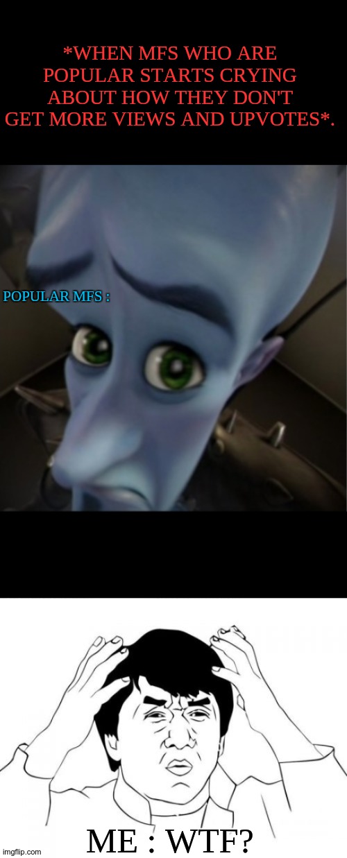 ... | *WHEN MFS WHO ARE POPULAR STARTS CRYING ABOUT HOW THEY DON'T GET MORE VIEWS AND UPVOTES*. POPULAR MFS :; ME : WTF? | image tagged in megamind peeking,memes,jackie chan wtf | made w/ Imgflip meme maker