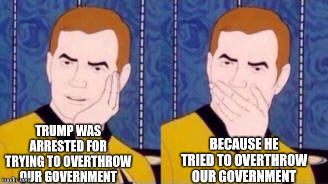 Pretty Basic Stuff | TRUMP WAS ARRESTED FOR TRYING TO OVERTHROW OUR GOVERNMENT; BECAUSE HE TRIED TO OVERTHROW OUR GOVERNMENT | image tagged in captain kirk,scumbag trump,lock him up,trump lies,trump indictments,memes | made w/ Imgflip meme maker