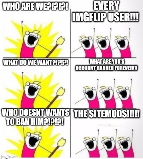 Who are we | EVERY IMGFLIP USER!!! WHO ARE WE?!?!?! WHAT DO WE WANT?!?!?! WHAT ARE YOU'S ACCOUNT BANNED FOREVER!!! WHO DOESNT WANTS TO BAN HIM?!?!?! THE SITEMODS!!!!! | image tagged in who are we | made w/ Imgflip meme maker