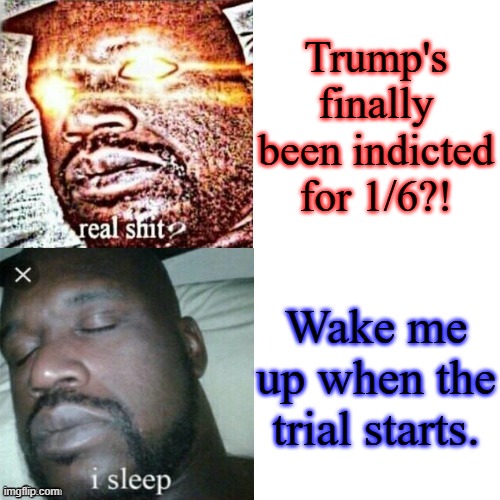Donald J. Trump -fire and fury on social media, meek li'l byotch in the courtroom. | Trump's finally been indicted for 1/6?! Wake me up when the trial starts. | image tagged in shaq hotline bling,trump unfit unqualified dangerous,trump is a moron,crooked,phony,liar | made w/ Imgflip meme maker