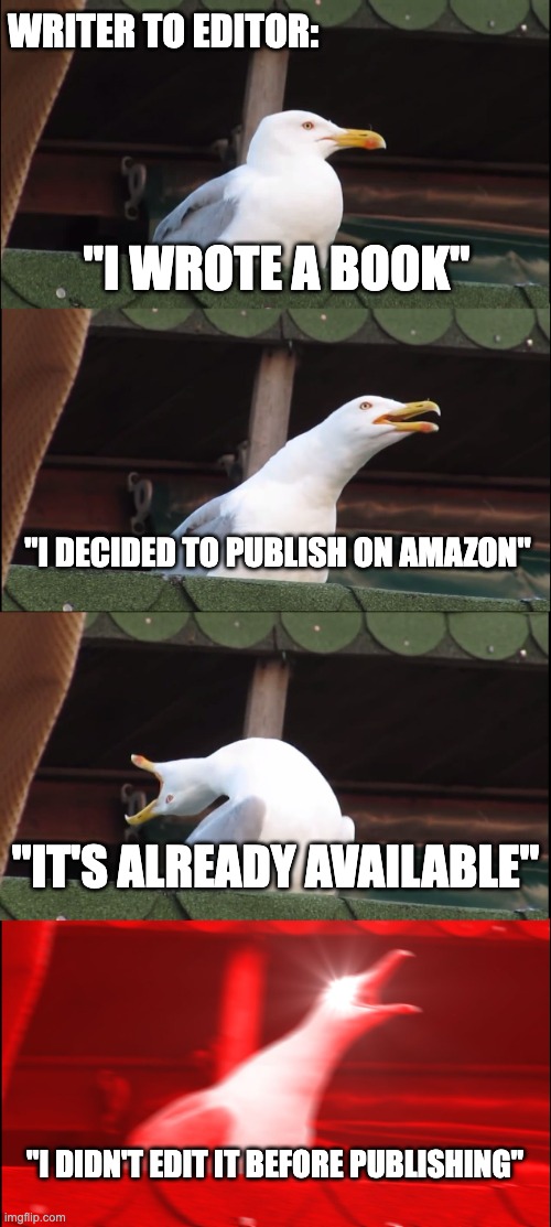 Didn't edit before publishing | WRITER TO EDITOR:; "I WROTE A BOOK"; "I DECIDED TO PUBLISH ON AMAZON"; "IT'S ALREADY AVAILABLE"; "I DIDN'T EDIT IT BEFORE PUBLISHING" | image tagged in memes,inhaling seagull,editing,writing | made w/ Imgflip meme maker
