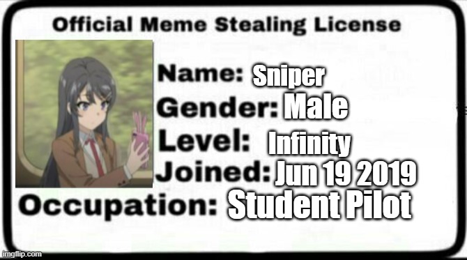 Meme Stealing License | Sniper; Male; Infinity; Jun 19 2019; Student Pilot | image tagged in meme stealing license | made w/ Imgflip meme maker