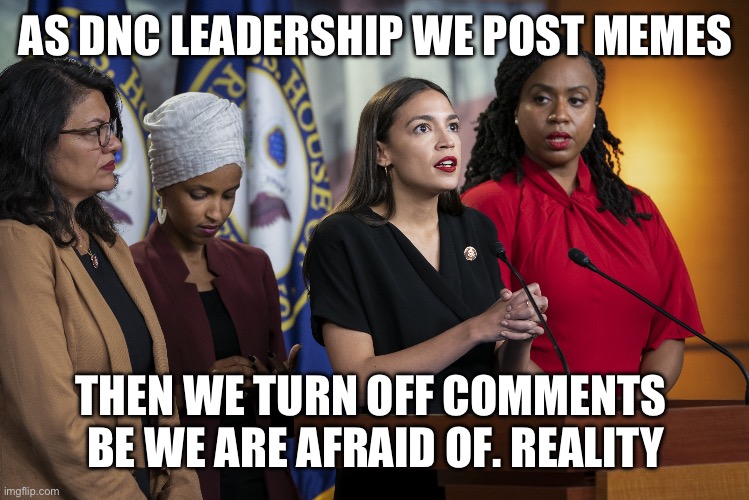 DNC cowards of memes | AS DNC LEADERSHIP WE POST MEMES; THEN WE TURN OFF COMMENTS 
BE WE ARE AFRAID OF. REALITY | image tagged in we re idiot sssss,memes,funny memes,too funny | made w/ Imgflip meme maker