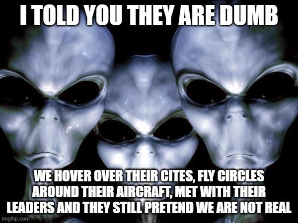 Humans are hopeless | I TOLD YOU THEY ARE DUMB; WE HOVER OVER THEIR CITES, FLY CIRCLES AROUND THEIR AIRCRAFT, MET WITH THEIR LEADERS AND THEY STILL PRETEND WE ARE NOT REAL | image tagged in grey aliens,humans,death to humans,you are not real,people who read tags should be banned,primitive minds | made w/ Imgflip meme maker