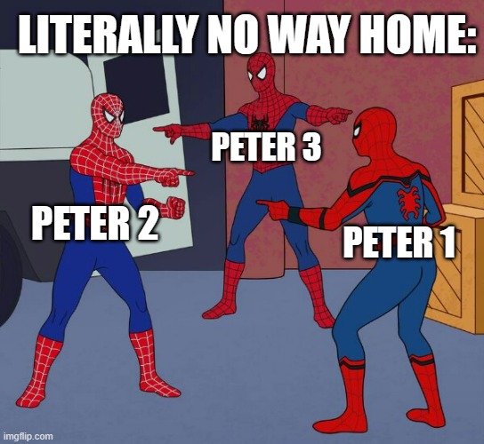 It really was. | LITERALLY NO WAY HOME:; PETER 3; PETER 2; PETER 1 | image tagged in spider man triple,marvel,spiderman pointing at spiderman,spiderman | made w/ Imgflip meme maker
