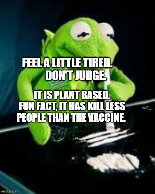rene cocaine | FEEL A LITTLE TIRED.          DON'T JUDGE. IT IS PLANT BASED. FUN FACT, IT HAS KILL LESS PEOPLE THAN THE VACCINE. | image tagged in rene cocaine | made w/ Imgflip meme maker