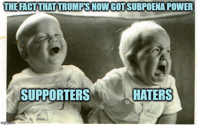  baby laughing baby crying | THE FACT THAT TRUMP'S NOW GOT SUBPOENA POWER SUPPORTERS HATERS | image tagged in baby laughing baby crying | made w/ Imgflip meme maker