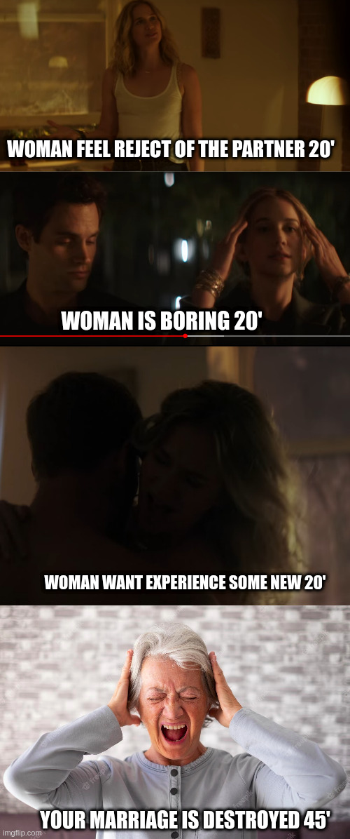 woman | WOMAN FEEL REJECT OF THE PARTNER 20'; WOMAN IS BORING 20'; WOMAN WANT EXPERIENCE SOME NEW 20'; YOUR MARRIAGE IS DESTROYED 45' | image tagged in woman | made w/ Imgflip meme maker